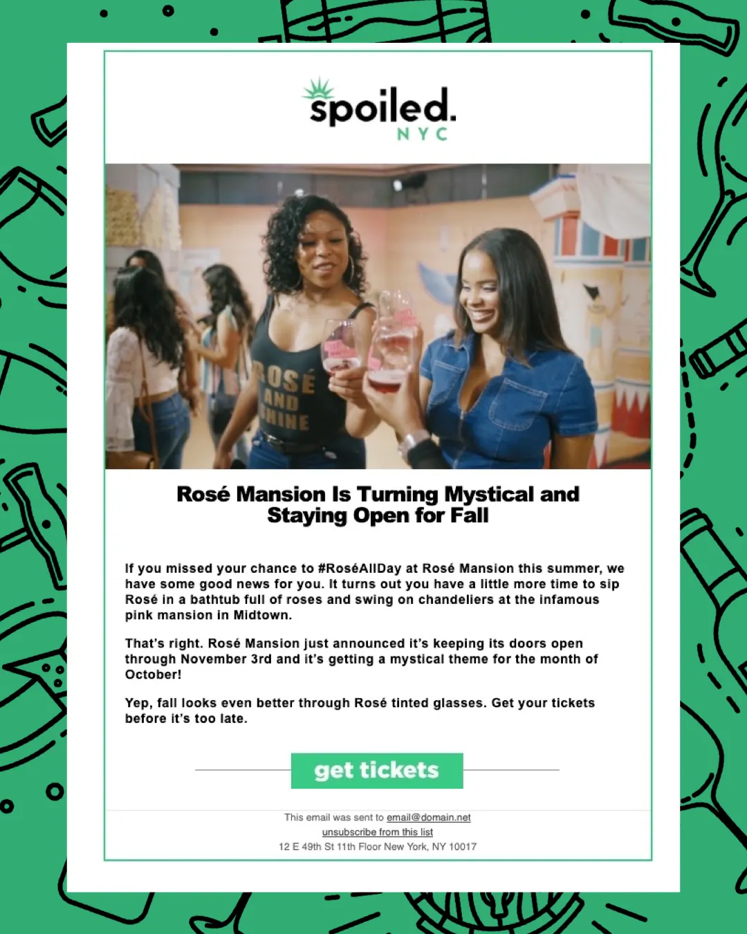 A spoiled NYC email headlined "Rosé Mansion Is Turning Mystical and Staying Open for Fall," with two women toasting.
